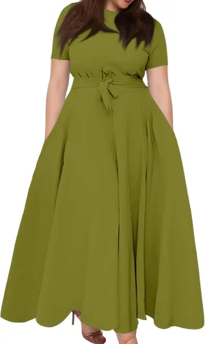 Summer Dresses for Women 2025 Casual Fashion Large Size Solid Color Round Neck Short Sleeve Pocket Big Swing Dress