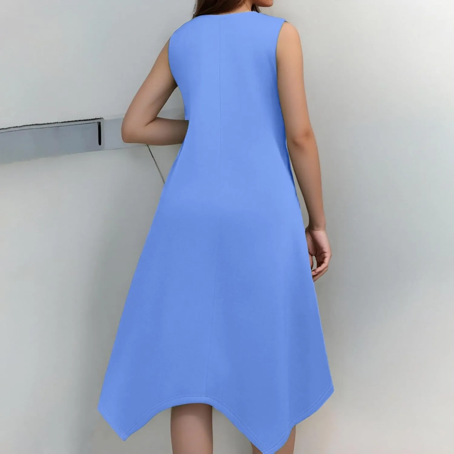 Summer Dresses for Women 2025 Casual Fashion Round Neck Sleeveless Solid Irregular Hem Midi Dress