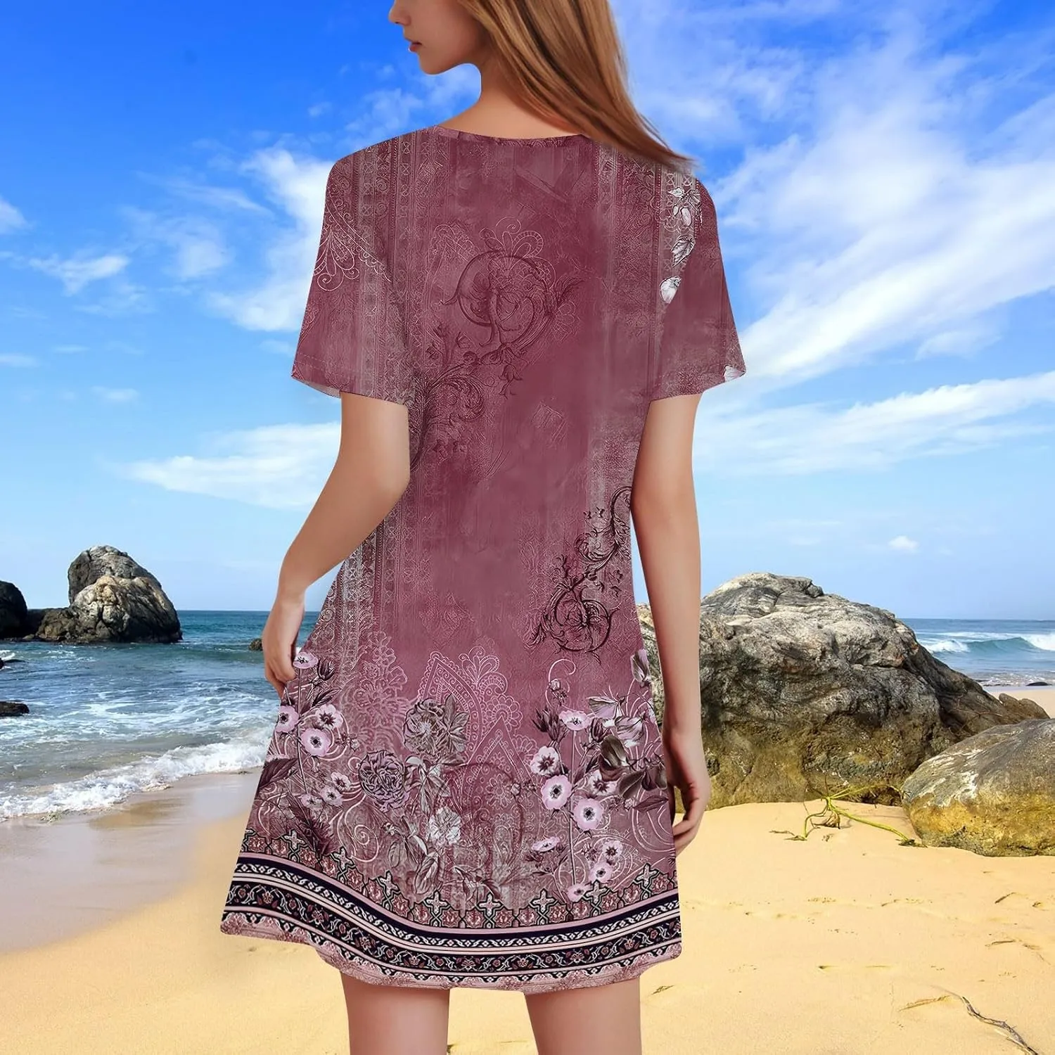 Summer Dresses for Women 2025 Floral A-Line Dresses Casual Flowy Beach Mini Dress Short Sleeve Loose T Shirt Dress