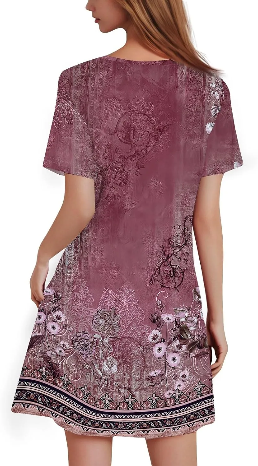Summer Dresses for Women 2025 Floral A-Line Dresses Casual Flowy Beach Mini Dress Short Sleeve Loose T Shirt Dress