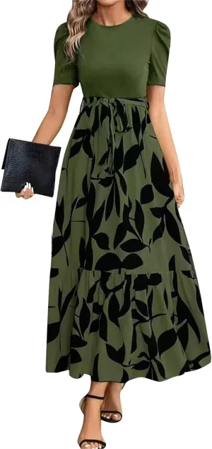 Summer Dresses for Women 2025 Floral Print Wrap Short Sleeve Maxi Dress Patchwork Ruffle Hem A Line Dress