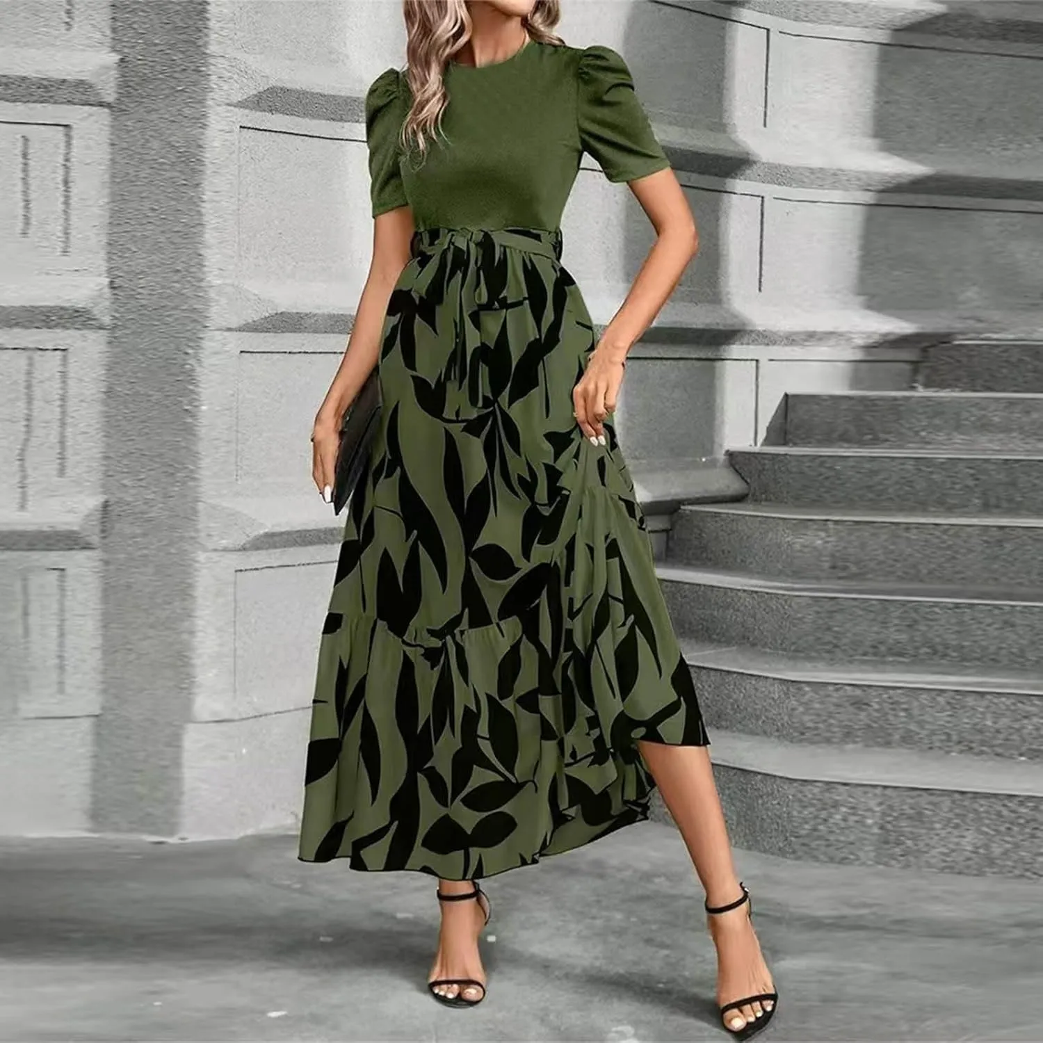 Summer Dresses for Women 2025 Floral Print Wrap Short Sleeve Maxi Dress Patchwork Ruffle Hem A Line Dress