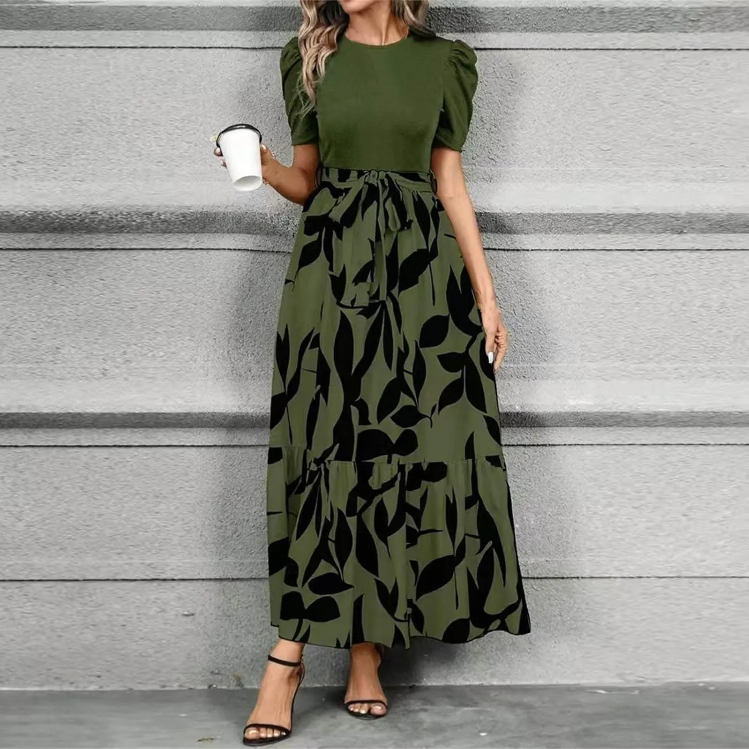 Summer Dresses for Women 2025 Floral Print Wrap Short Sleeve Maxi Dress Patchwork Ruffle Hem A Line Dress