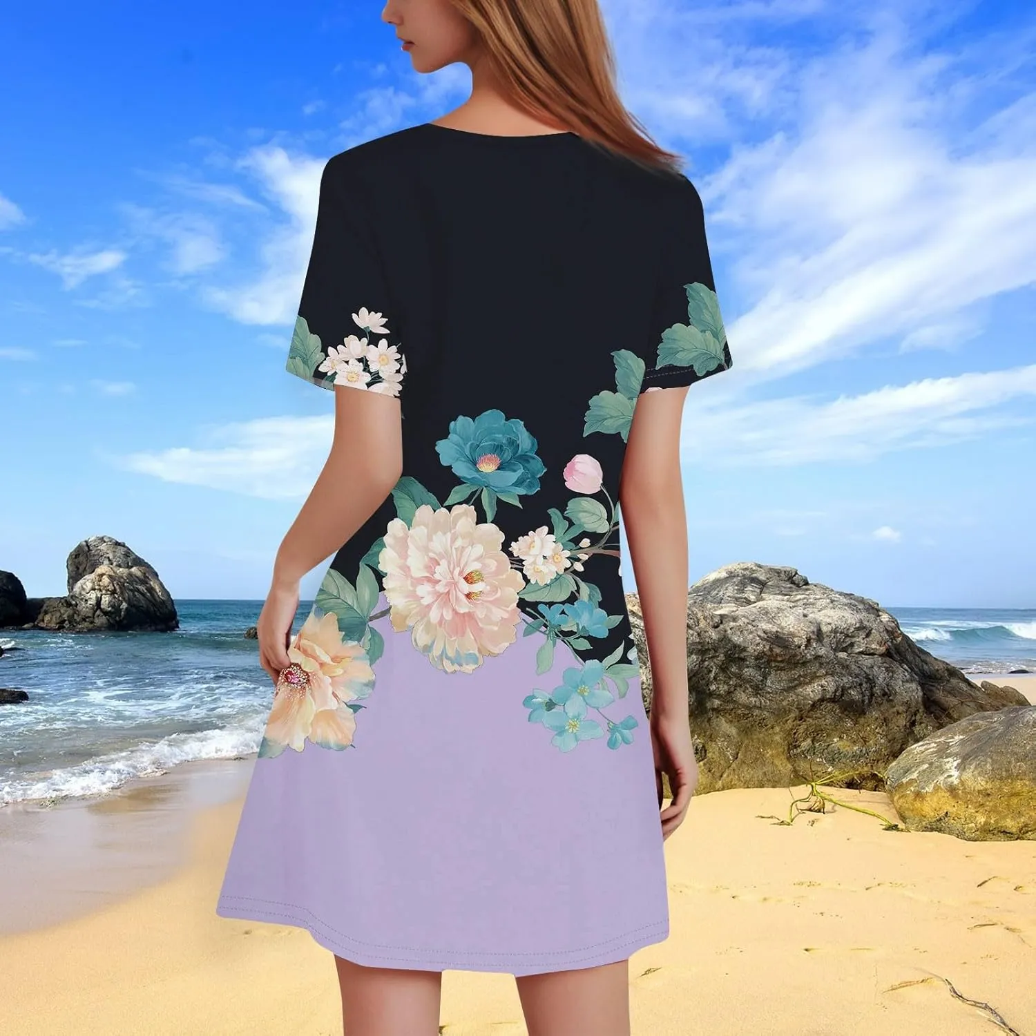Summer Dresses for Women 2025 Flowy Beach Mini Dress Casual Short Sleeve T Shirt Dress Floral Loose A-Line Dresses