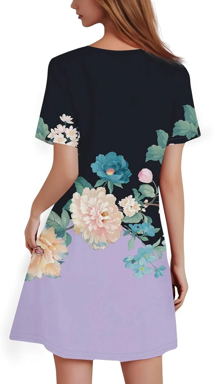 Summer Dresses for Women 2025 Flowy Beach Mini Dress Casual Short Sleeve T Shirt Dress Floral Loose A-Line Dresses