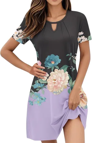 Summer Dresses for Women 2025 Flowy Beach Mini Dress Casual Short Sleeve T Shirt Dress Floral Loose A-Line Dresses
