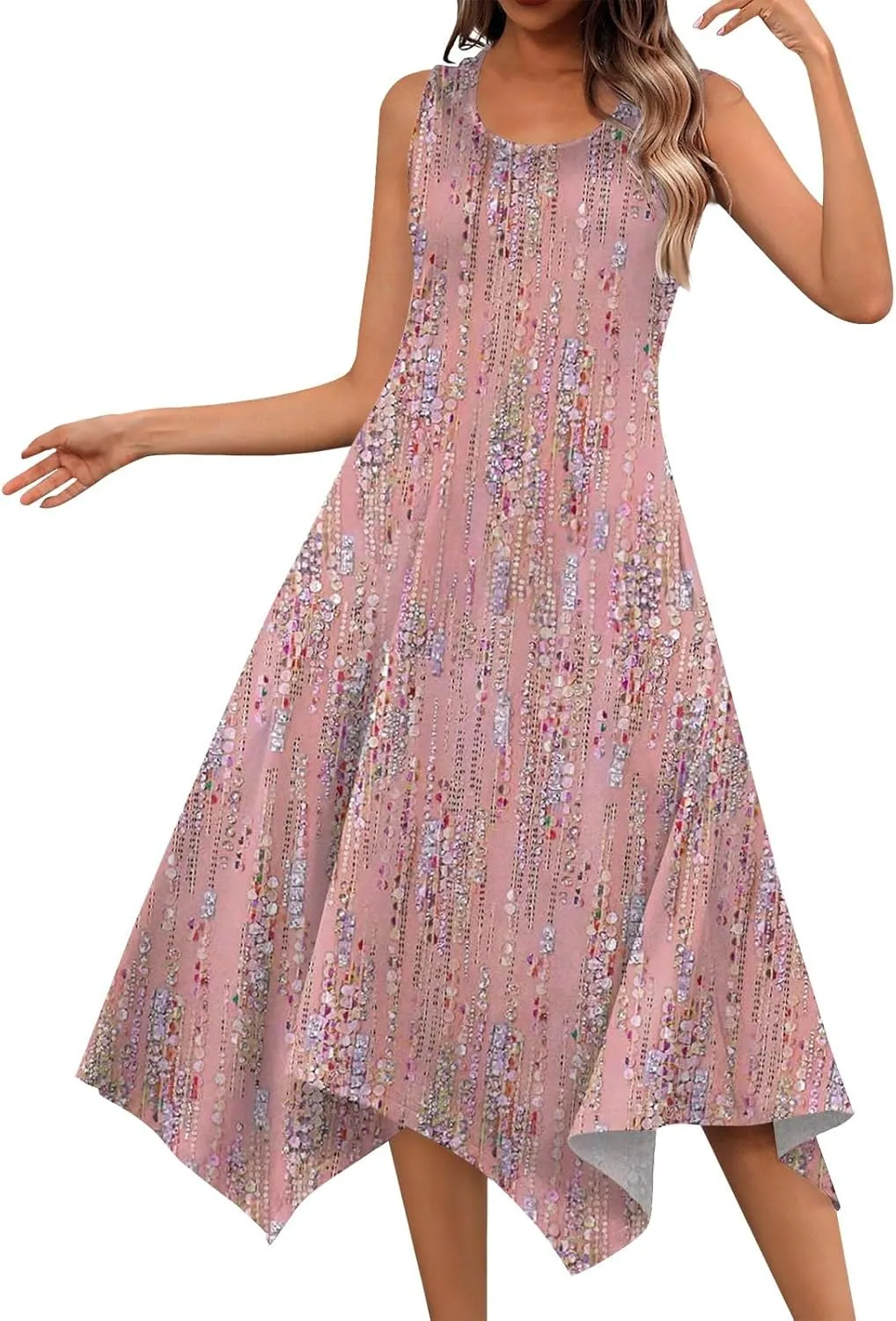 Summer Dresses for Women 2025 Handkerchief Hem Crewneck Tank Dress Sleeveless A-Line Sundress Casual Boho Dress