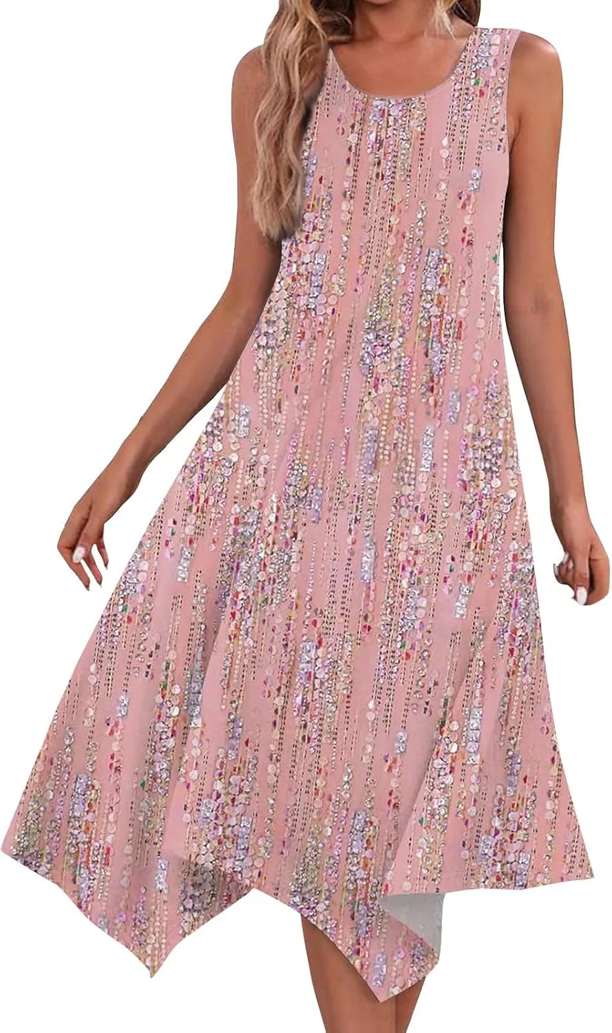 Summer Dresses for Women 2025 Handkerchief Hem Crewneck Tank Dress Sleeveless A-Line Sundress Casual Boho Dress