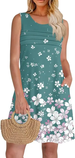 Summer Dresses for Women 2025 Loose Casual T Shirt Dresses V Neck Floral Sundresses Sleeveless Pleated Front Tank Dress