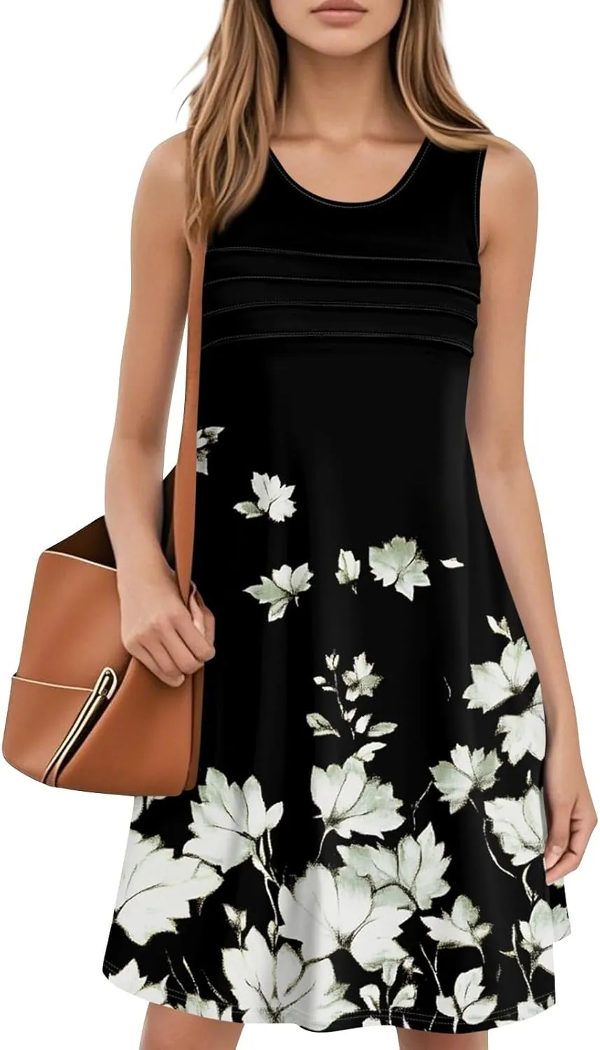 Summer Dresses for Women 2025 Loose Casual T Shirt Dresses V Neck Floral Sundresses Sleeveless Pleated Front Tank Dress