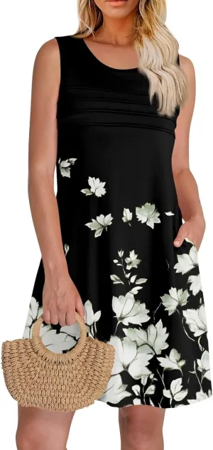 Summer Dresses for Women 2025 Loose Casual T Shirt Dresses V Neck Floral Sundresses Sleeveless Pleated Front Tank Dress