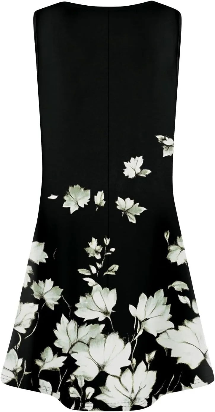 Summer Dresses for Women 2025 Loose Casual T Shirt Dresses V Neck Floral Sundresses Sleeveless Pleated Front Tank Dress