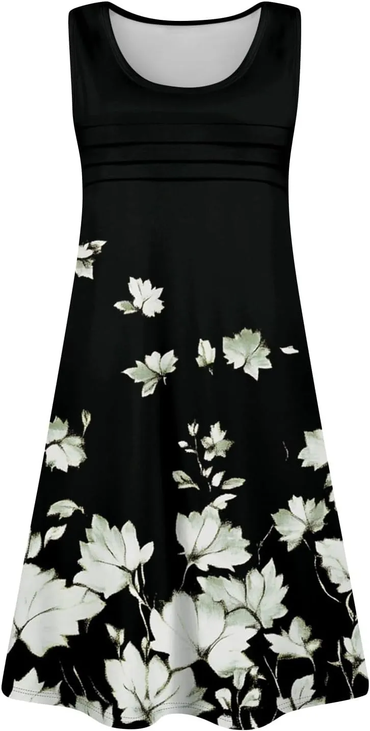 Summer Dresses for Women 2025 Loose Casual T Shirt Dresses V Neck Floral Sundresses Sleeveless Pleated Front Tank Dress