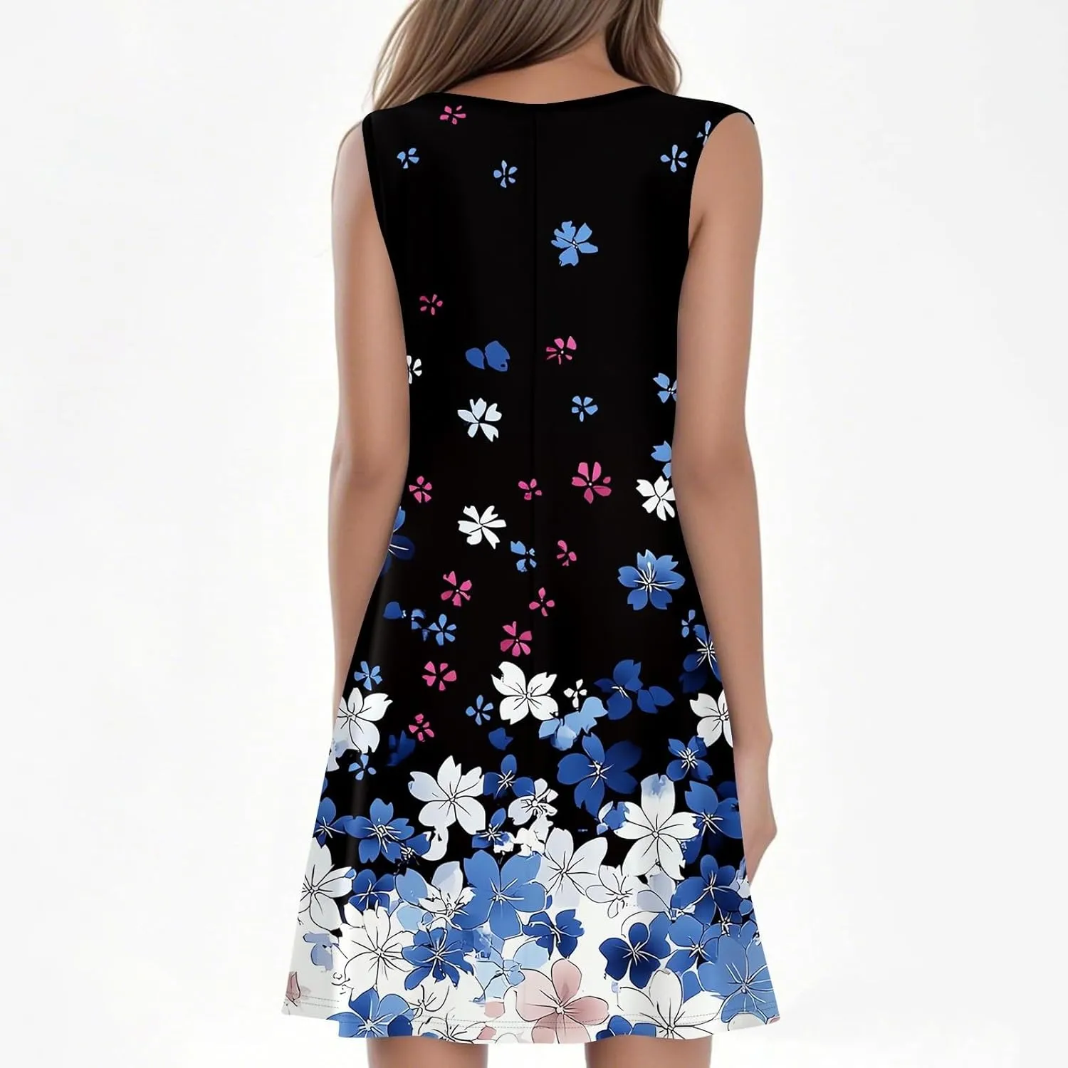 Summer Dresses for Women 2025 Loose Casual T Shirt Dresses V Neck Floral Sundresses Sleeveless Pleated Front Tank Dress