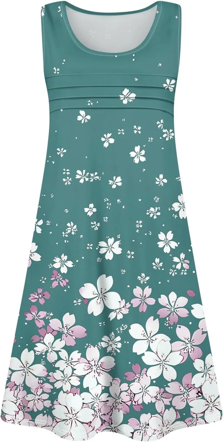 Summer Dresses for Women 2025 Loose Casual T Shirt Dresses V Neck Floral Sundresses Sleeveless Pleated Front Tank Dress