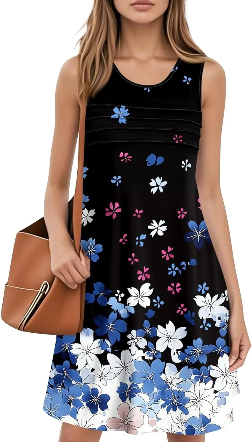 Summer Dresses for Women 2025 Loose Casual T Shirt Dresses V Neck Floral Sundresses Sleeveless Pleated Front Tank Dress