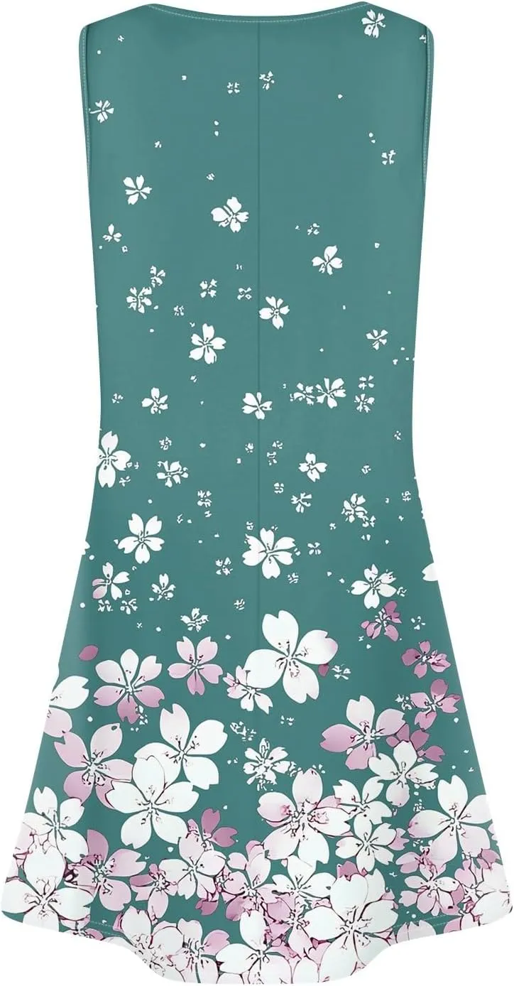 Summer Dresses for Women 2025 Loose Casual T Shirt Dresses V Neck Floral Sundresses Sleeveless Pleated Front Tank Dress