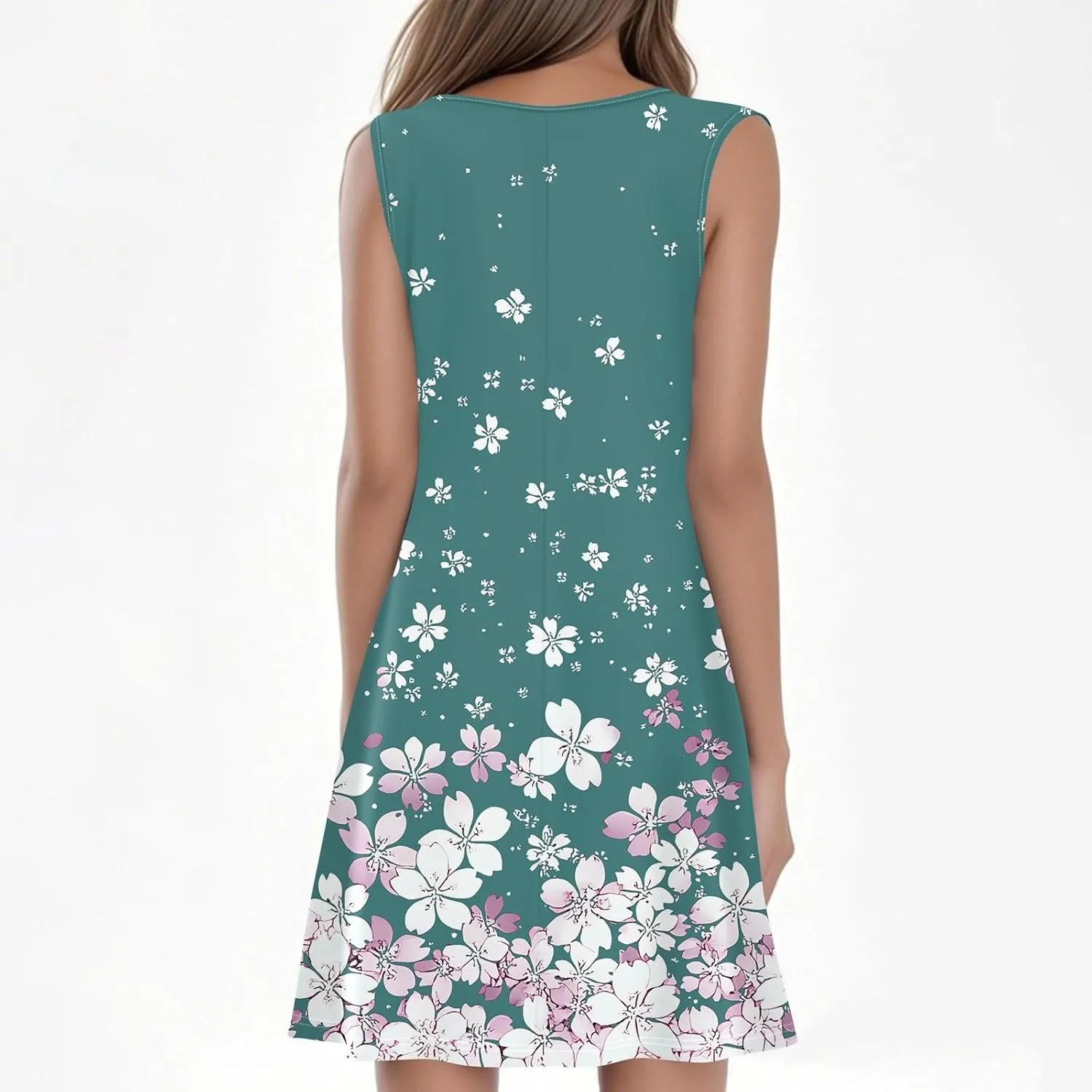 Summer Dresses for Women 2025 Loose Casual T Shirt Dresses V Neck Floral Sundresses Sleeveless Pleated Front Tank Dress