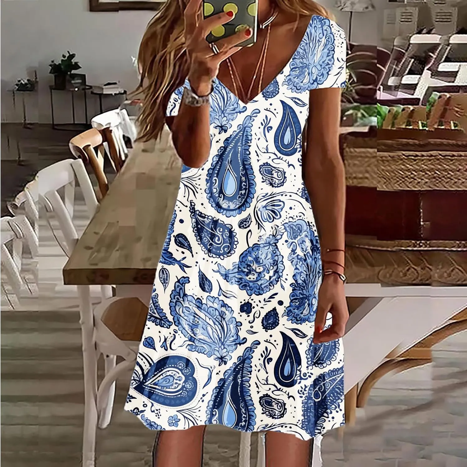 Summer Dresses for Women 2025 Loose V Neck Short Sleeve Casual T Shirt Dress Sundresses Floral Swimsuit Coverup