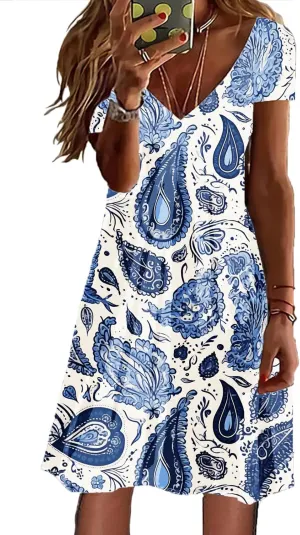 Summer Dresses for Women 2025 Loose V Neck Short Sleeve Casual T Shirt Dress Sundresses Floral Swimsuit Coverup
