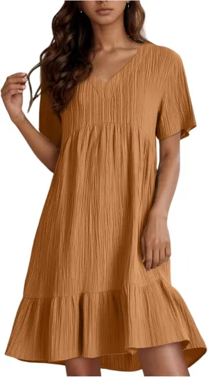Summer Dresses for Women 2025 Loose V Neck Short Sleeve T Shirt Dress Casual Flowy Ruffle Tiered Layered A-Line Dress