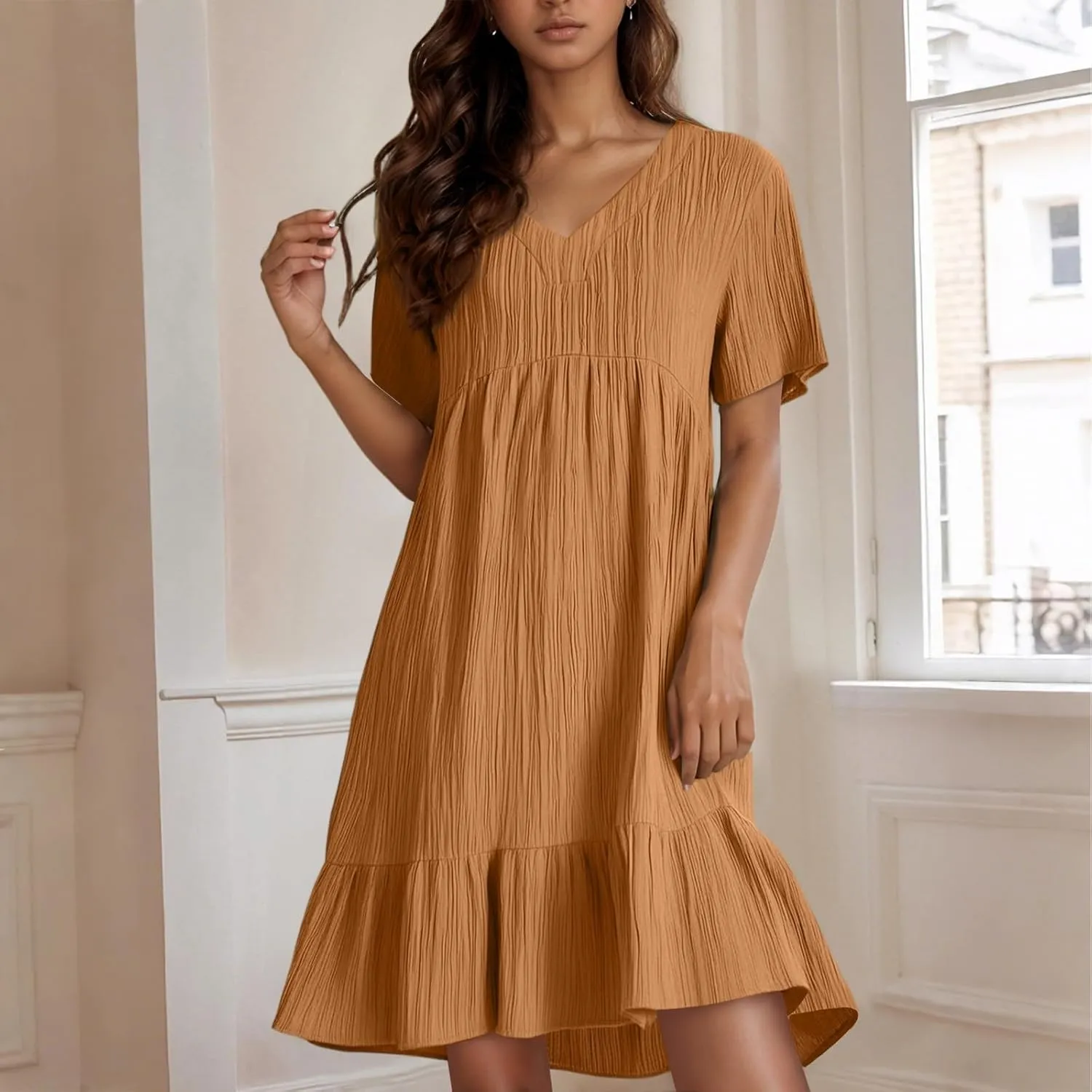 Summer Dresses for Women 2025 Loose V Neck Short Sleeve T Shirt Dress Casual Flowy Ruffle Tiered Layered A-Line Dress