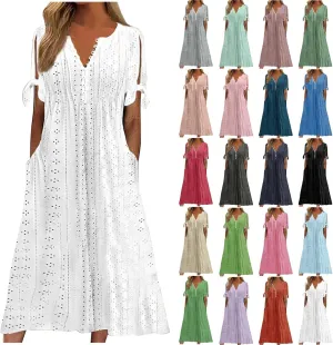 Summer Dresses for Women 2025 Plus Size Knee Length Short Sleeve Eyelet Tshirt Maxi Dress Beach Vacation Sundress