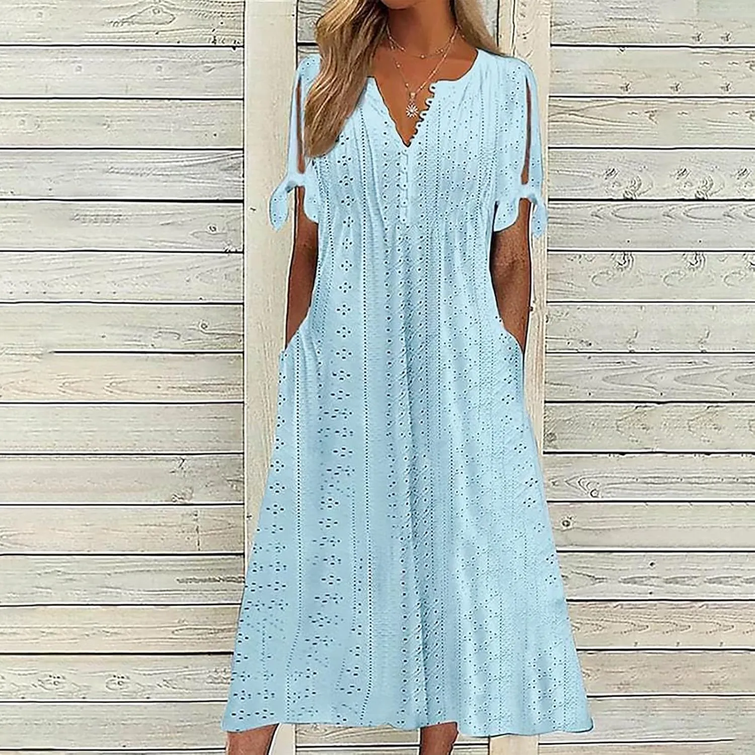 Summer Dresses for Women 2025 Plus Size Knee Length Short Sleeve Eyelet Tshirt Maxi Dress Beach Vacation Sundress
