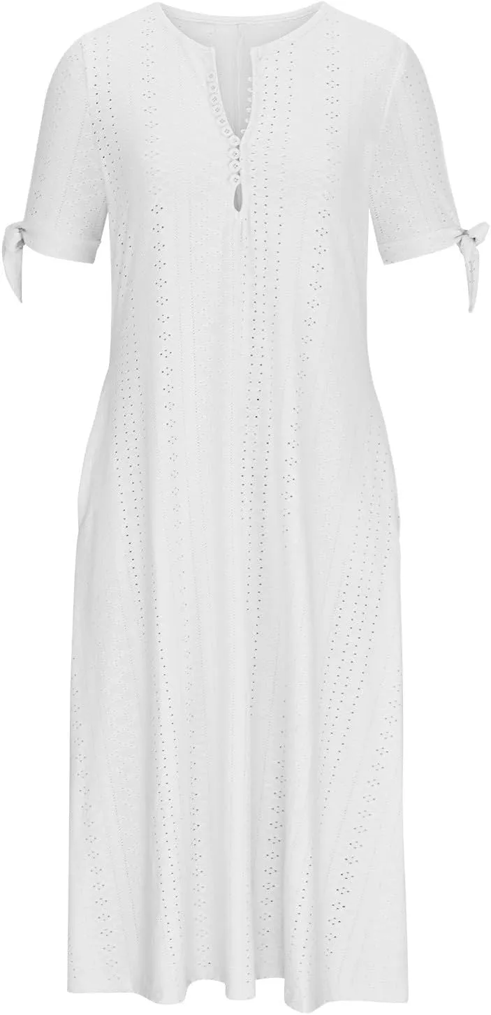 Summer Dresses for Women 2025 Plus Size Knee Length Short Sleeve Eyelet Tshirt Maxi Dress Beach Vacation Sundress