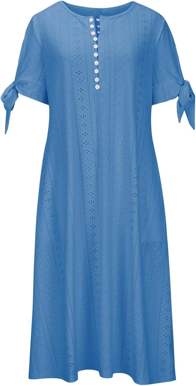 Summer Dresses for Women 2025 Plus Size Knee Length Short Sleeve Eyelet Tshirt Maxi Dress Beach Vacation Sundress