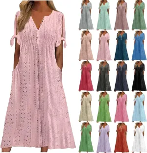 Summer Dresses for Women 2025 Plus Size Knee Length Short Sleeve Eyelet Tshirt Maxi Dress Beach Vacation Sundress