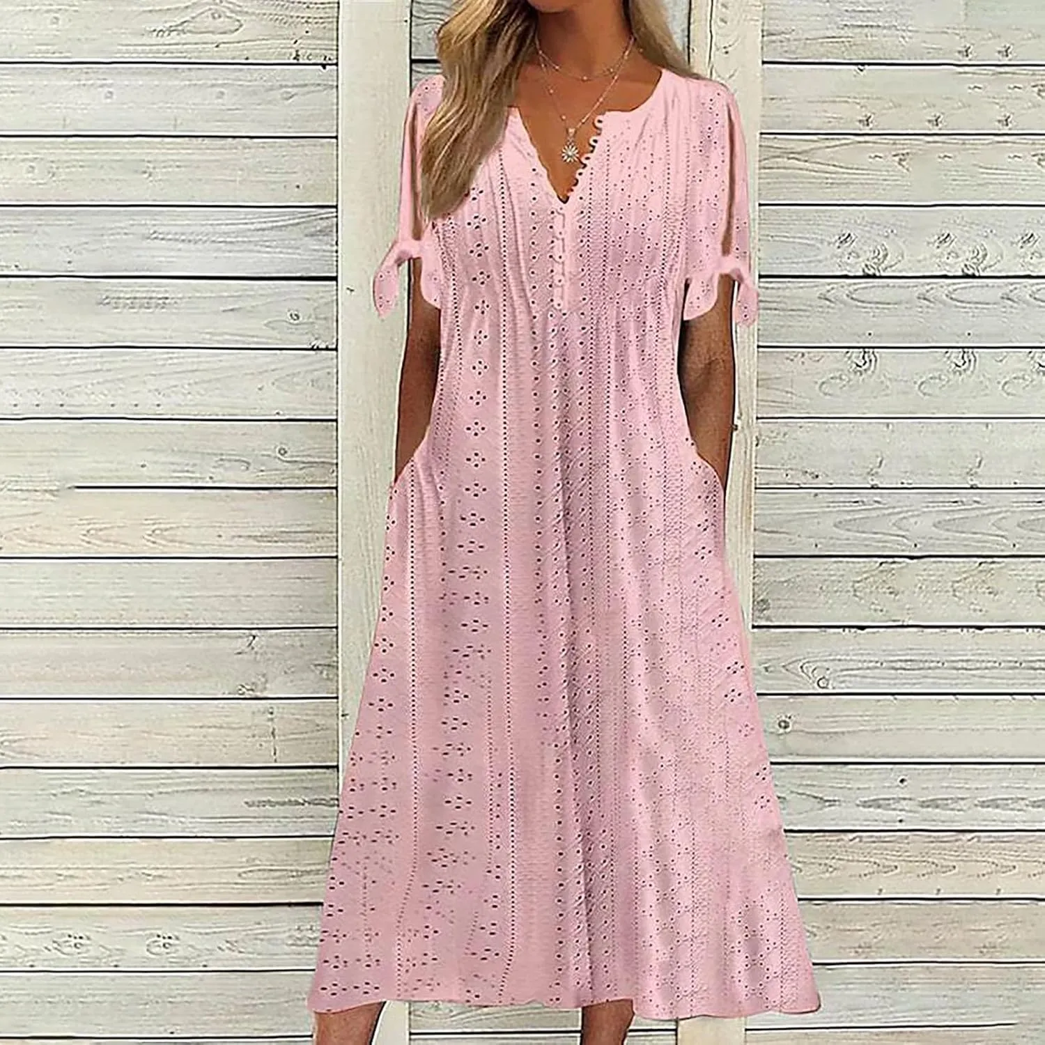 Summer Dresses for Women 2025 Plus Size Knee Length Short Sleeve Eyelet Tshirt Maxi Dress Beach Vacation Sundress