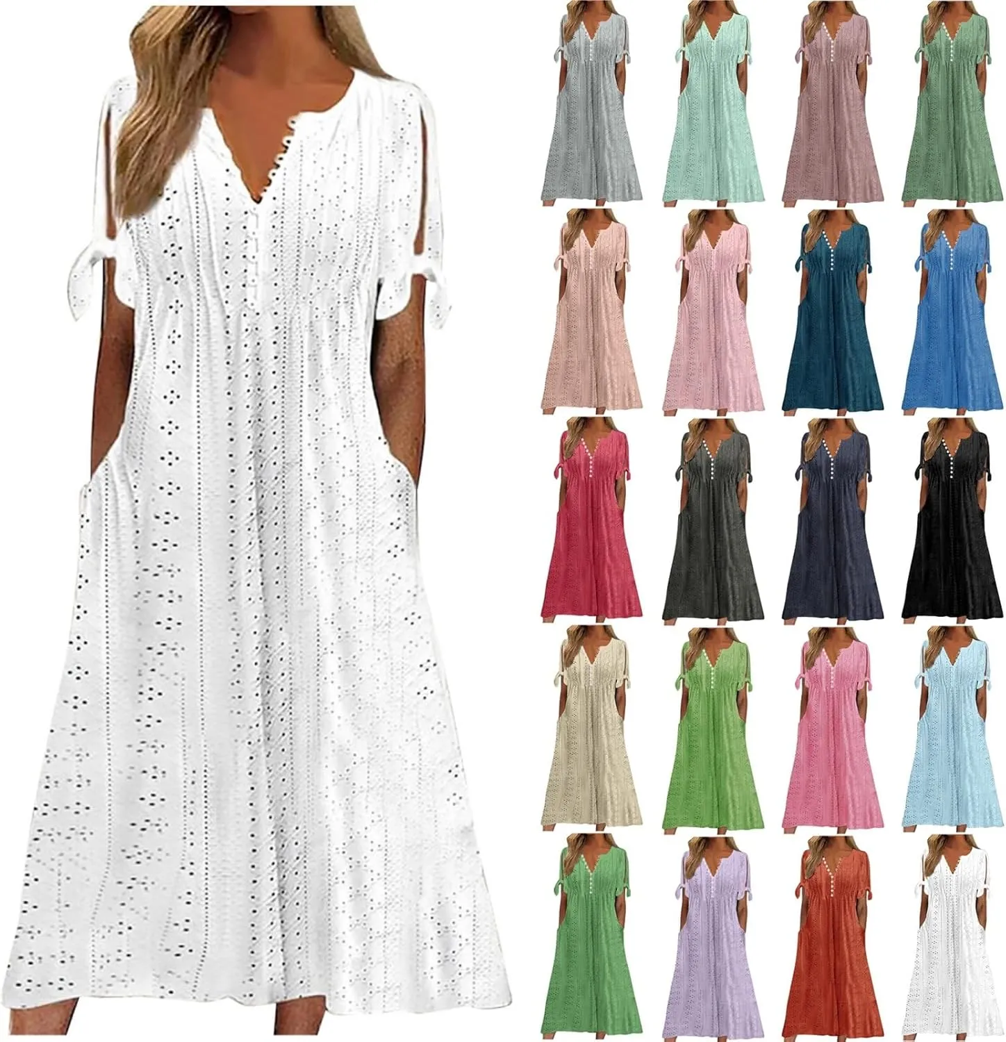 Summer Dresses for Women 2025 Plus Size Knee Length Short Sleeve Eyelet Tshirt Maxi Dress Beach Vacation Sundress