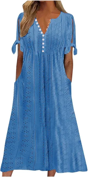 Summer Dresses for Women 2025 Plus Size Knee Length Short Sleeve Eyelet Tshirt Maxi Dress Beach Vacation Sundress