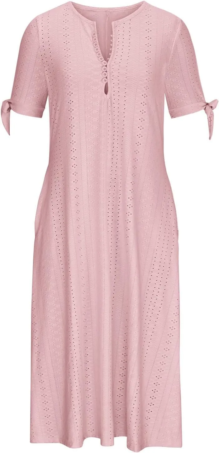 Summer Dresses for Women 2025 Plus Size Knee Length Short Sleeve Eyelet Tshirt Maxi Dress Beach Vacation Sundress