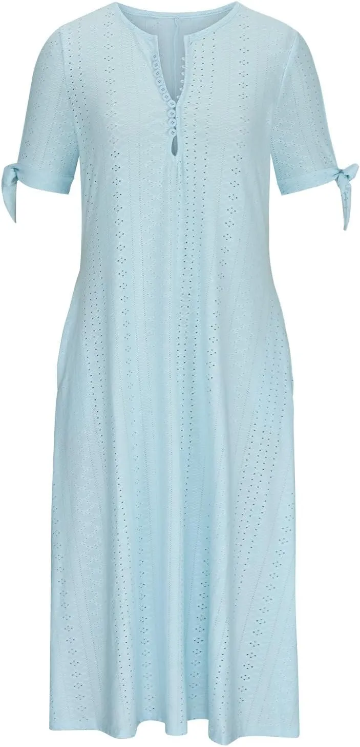 Summer Dresses for Women 2025 Plus Size Knee Length Short Sleeve Eyelet Tshirt Maxi Dress Beach Vacation Sundress