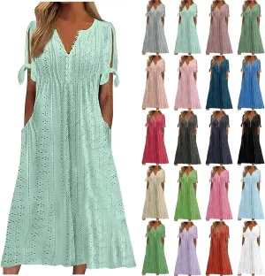 Summer Dresses for Women 2025 Plus Size Knee Length Short Sleeve Eyelet Tshirt Maxi Dress Beach Vacation Sundress