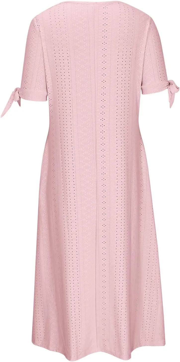Summer Dresses for Women 2025 Plus Size Knee Length Short Sleeve Eyelet Tshirt Maxi Dress Beach Vacation Sundress
