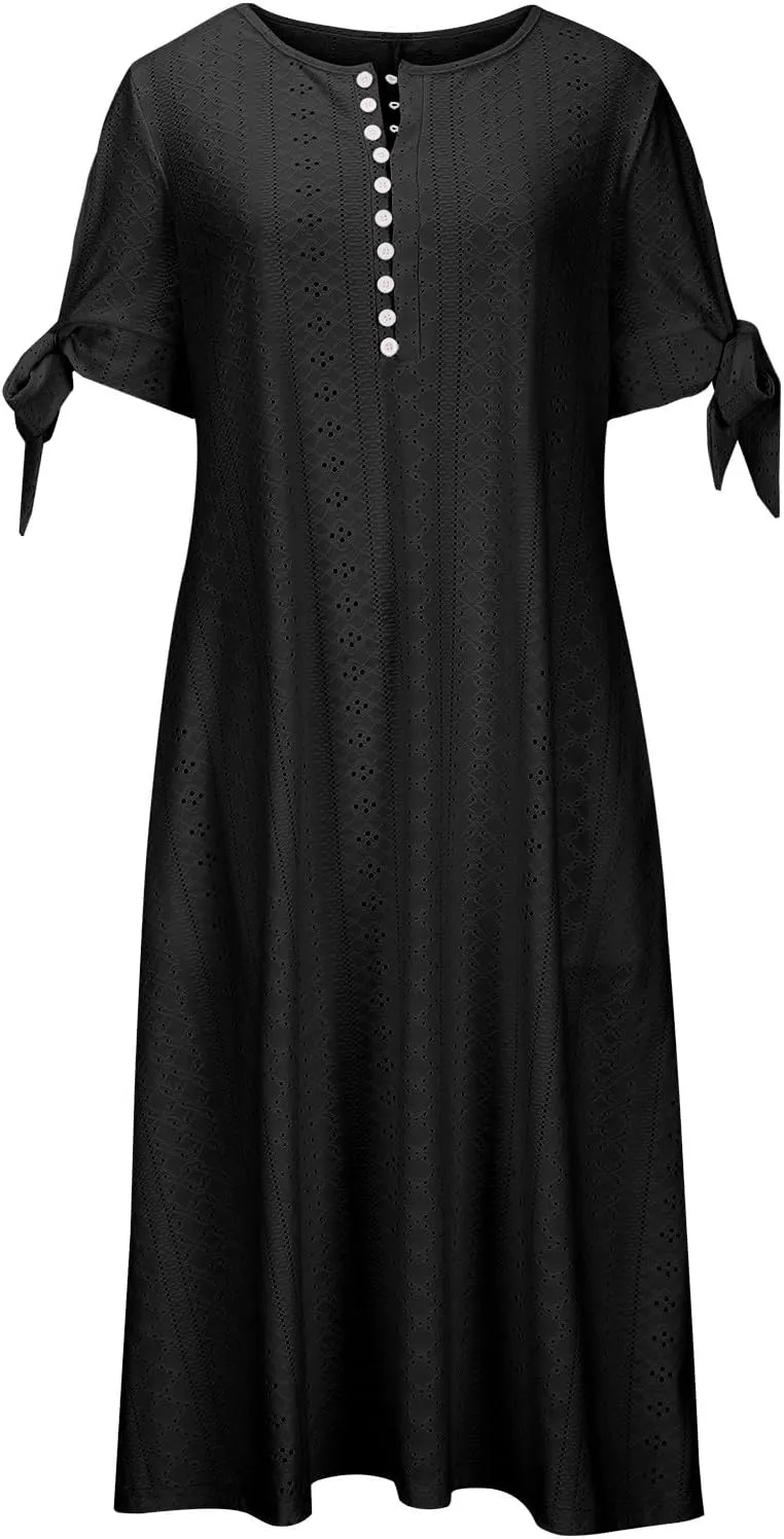 Summer Dresses for Women 2025 Plus Size Knee Length Short Sleeve Eyelet Tshirt Maxi Dress Beach Vacation Sundress