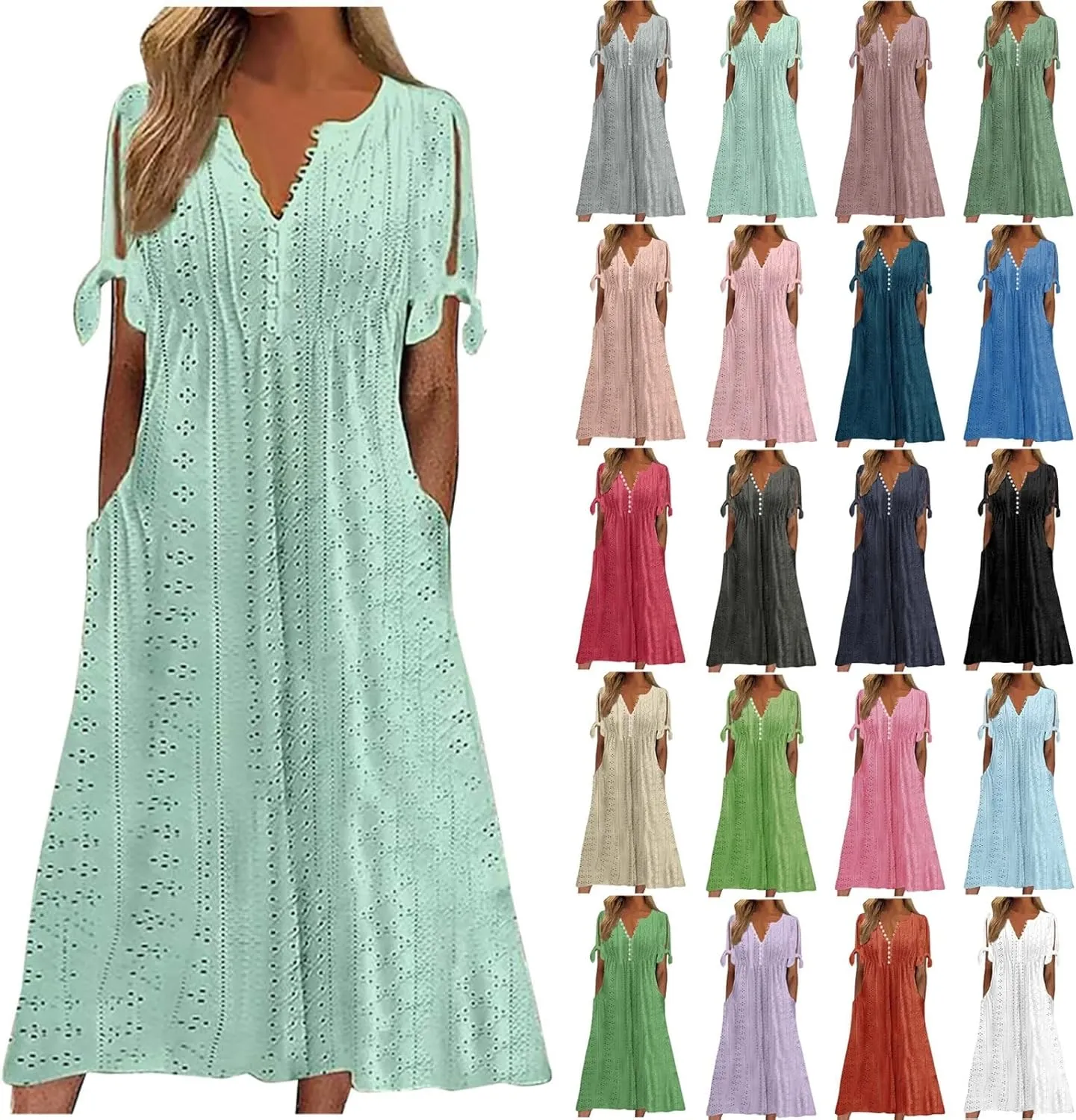 Summer Dresses for Women 2025 Plus Size Knee Length Short Sleeve Eyelet Tshirt Maxi Dress Beach Vacation Sundress