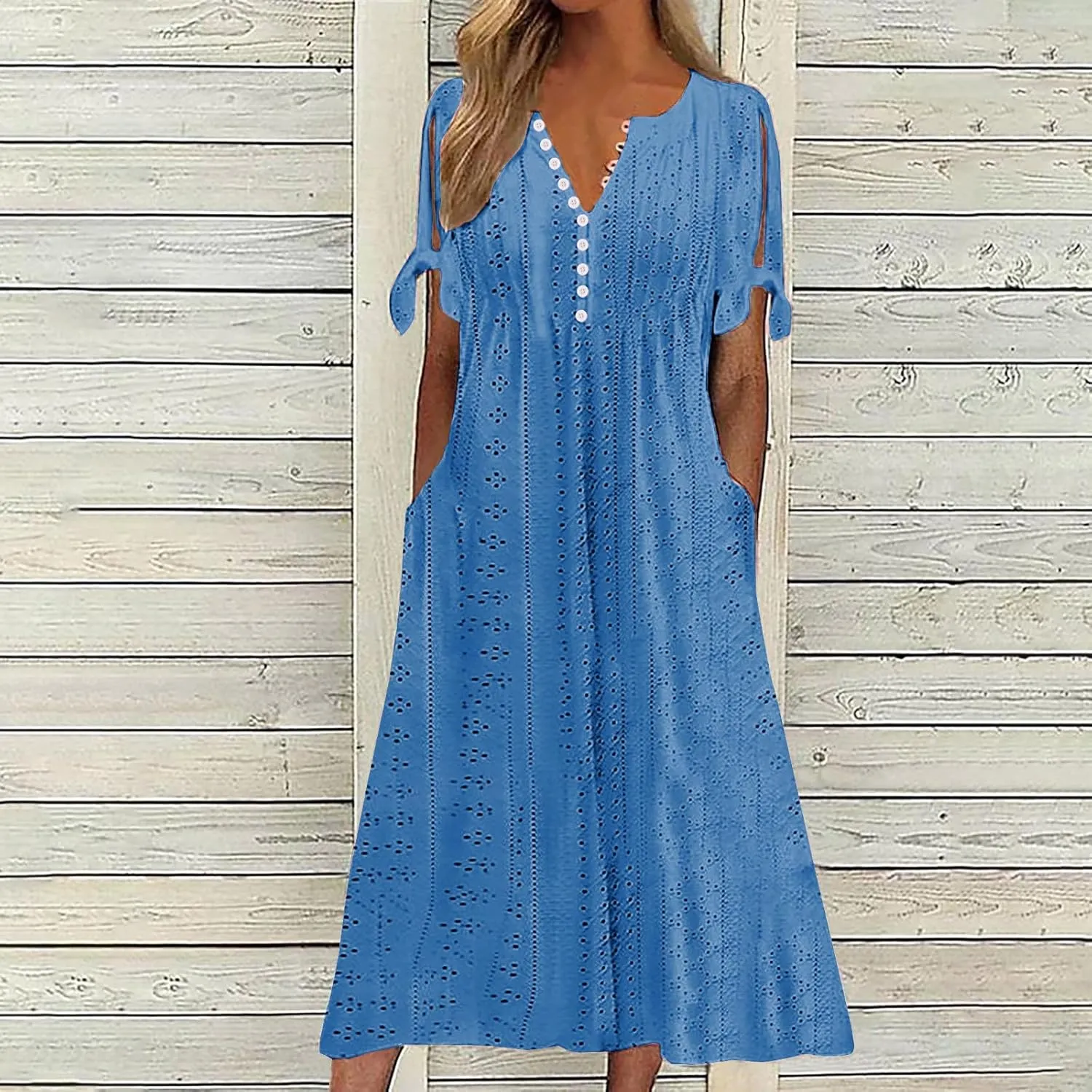Summer Dresses for Women 2025 Plus Size Knee Length Short Sleeve Eyelet Tshirt Maxi Dress Beach Vacation Sundress