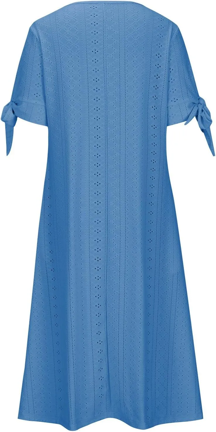 Summer Dresses for Women 2025 Plus Size Knee Length Short Sleeve Eyelet Tshirt Maxi Dress Beach Vacation Sundress