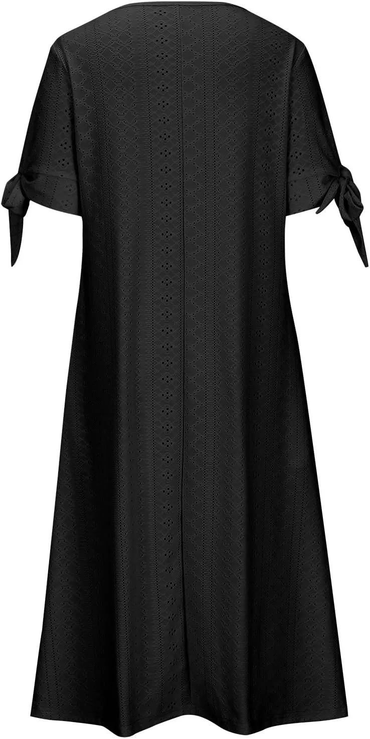 Summer Dresses for Women 2025 Plus Size Knee Length Short Sleeve Eyelet Tshirt Maxi Dress Beach Vacation Sundress