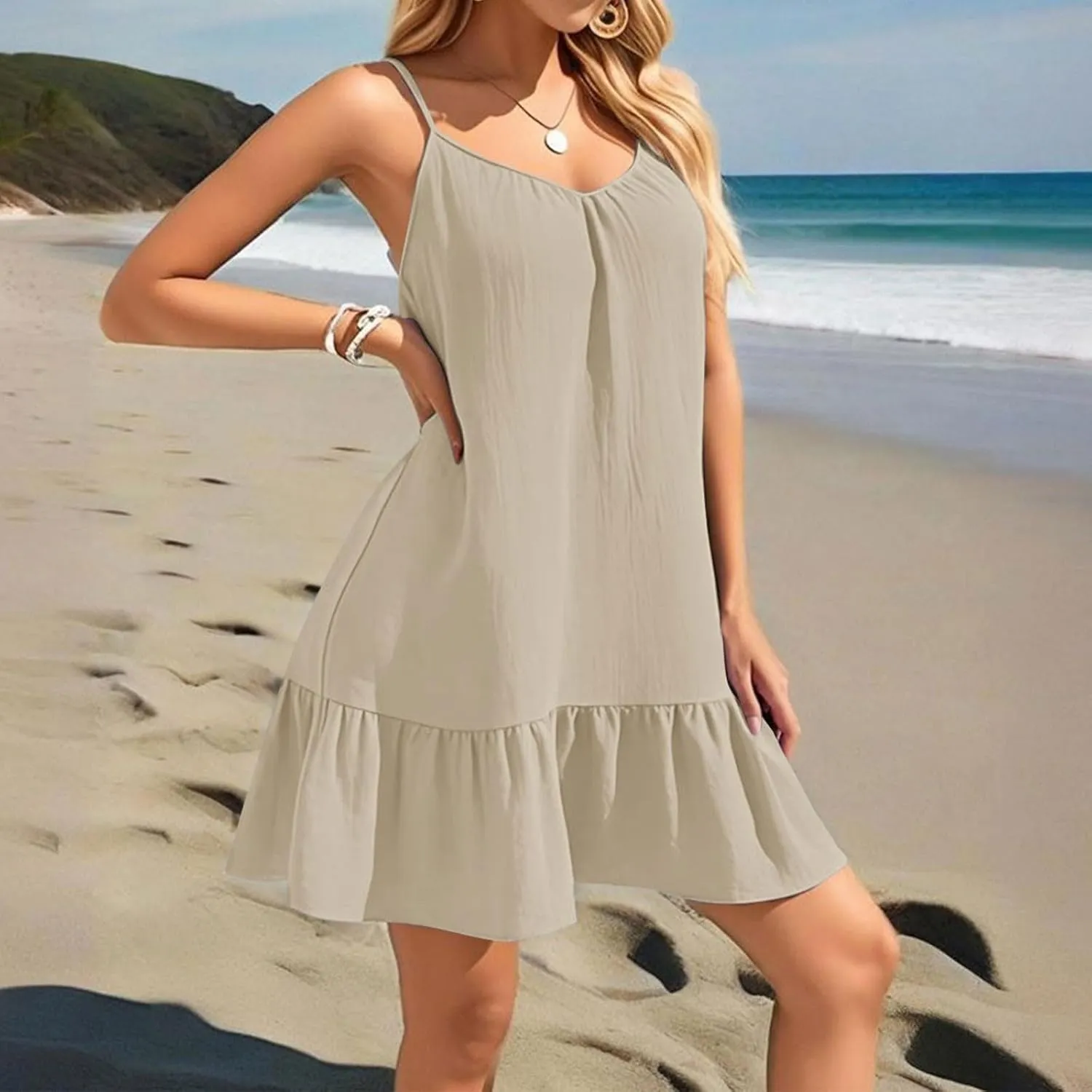 Summer Dresses for Women 2025 Scoop Neck Backless Sleeveless Ruffle Hem Flowy Swing A-Line Summer Mini Dress