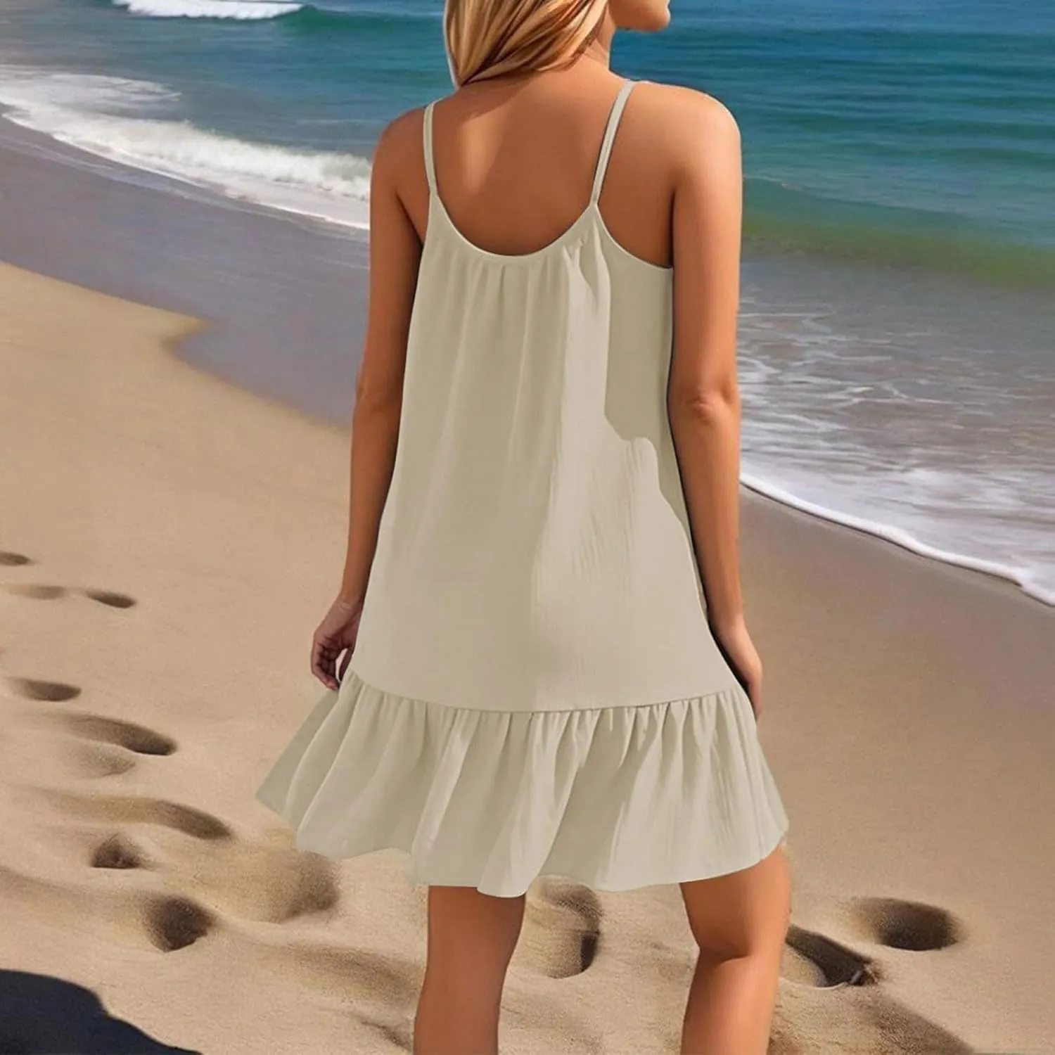 Summer Dresses for Women 2025 Scoop Neck Backless Sleeveless Ruffle Hem Flowy Swing A-Line Summer Mini Dress