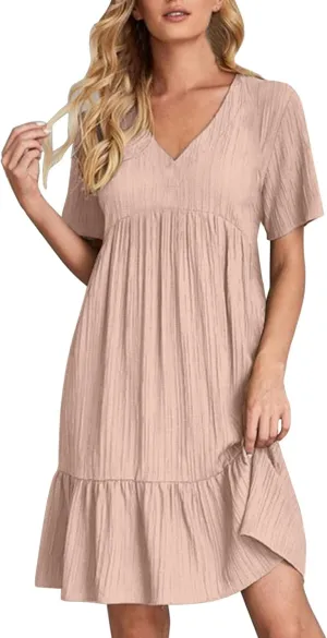 Summer Dresses for Women 2025 Vacation Short Sleeve V Neck Mini T Shirt Dress Pleated Flowy Ruffle Beach Sundress