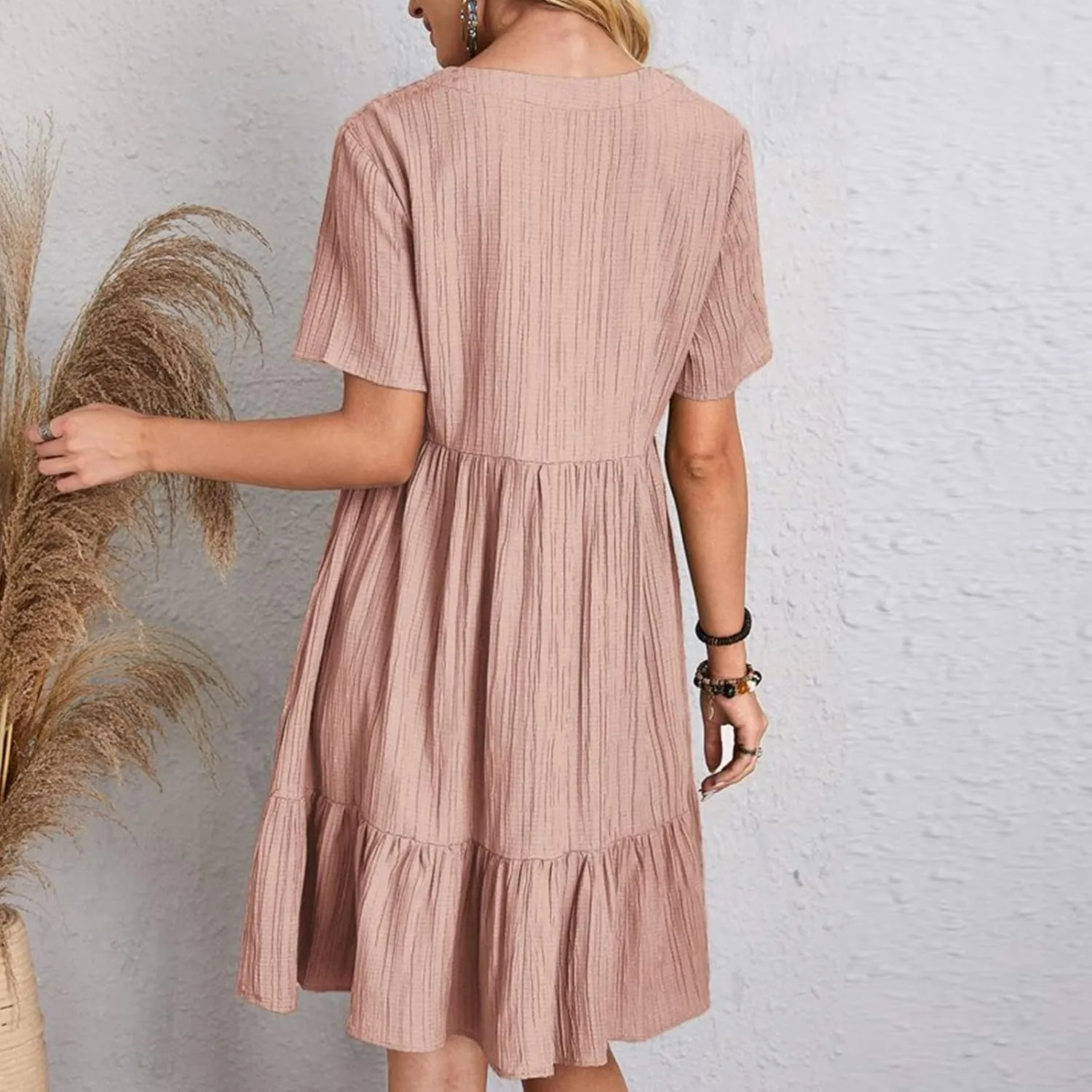 Summer Dresses for Women 2025 Vacation Short Sleeve V Neck Mini T Shirt Dress Pleated Flowy Ruffle Beach Sundress