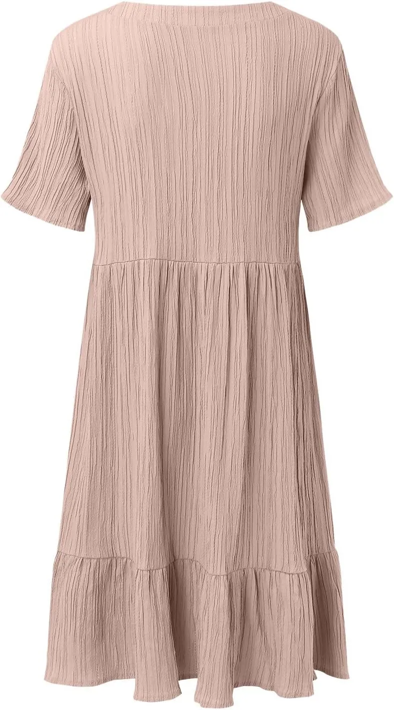 Summer Dresses for Women 2025 Vacation Short Sleeve V Neck Mini T Shirt Dress Pleated Flowy Ruffle Beach Sundress
