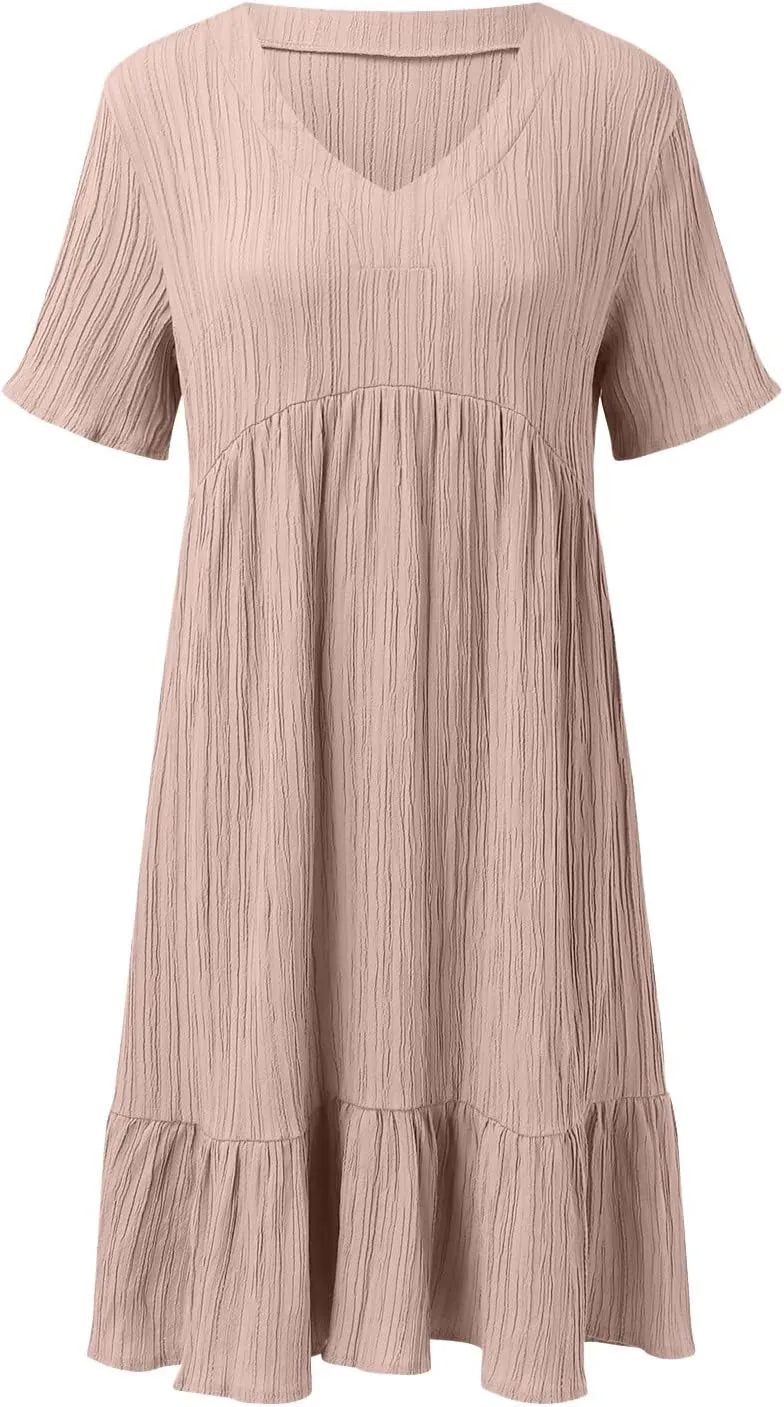 Summer Dresses for Women 2025 Vacation Short Sleeve V Neck Mini T Shirt Dress Pleated Flowy Ruffle Beach Sundress