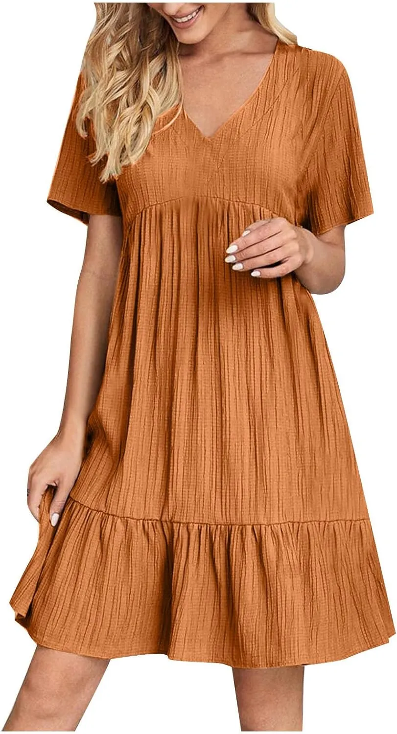 Summer Dresses for Women 2025 Vacation Short Sleeve V Neck Mini T Shirt Dress Pleated Flowy Tiered Beach Sundress